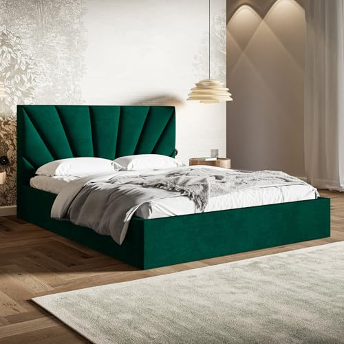 MOTIVENA INES Bett 160x200 Grün Samt, mit Stauraum, mit Kopfteil, mit Lattenrost, ohne Füße, ohne Matratze, Polsterbett 160x200 mit Bettkasten Grün (Dunkelgrün)