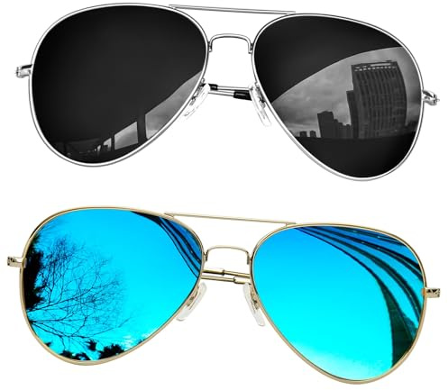 KANASTAL 2er Set Sonnenbrille Herren Damen Polarisiert | Groß, Klassische Retro Vintage, Verspiegelt, Metallrahmen, UV400 Schutz, Ultraleichter 16g, Anti Glare, Doppelsteg, Stylisch