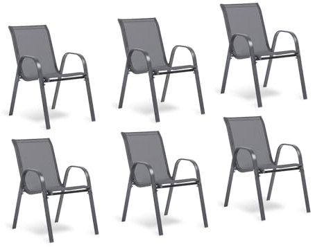 TERRE JARDIN Pack x6 Sillas de Jardín Apilables con Reposabrazos - Sillas de Terraza Exterior en Acero y Textilene - Sillas de Comedor para Patio, Balcón