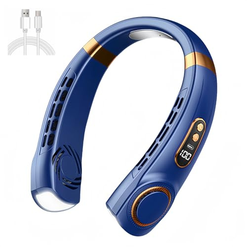 Huang Jia Ventilador del Cuello Plegable USB Potente Ventilador Cuello Silencioso para Dormir Ajustable 5 Velocidades Portátil Recargable Neck Fan Rechargeable Viento Fuerte (Azul)