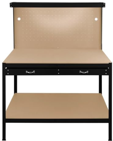 Garage Workbench Black Pegboard Drawer Shelves LED Light Heavy Duty Steel Wooden Workshop Industrial Shed DIY Work Table Desk Tool Storage Station Unit 370kg Total Capacity 40 Hooks Rubber Mallet