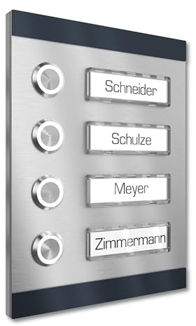 Graviers Design Sonnette de porte apparente pour immeuble collectif 4 plaques nominatives interchangeables - inox V2A 140x185 mm revêtu par poudre RAL 7016 - éclairage au choix bouton LED