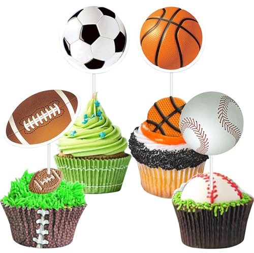 24Pcs Sports Cupcake Toppers Baseball Rugby Basketball Football Soccer Cupcake Picks for Sports Balls Theme Boy Happy Birthday Baby Shower Party Decorations