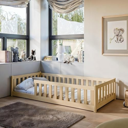 Lit d'Enfant Montessori 90x190 cm avec Protection Contre les Chutes & Sommier à Lattes - Lit à Barreaux pour Enfants et Adolescents