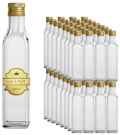 100 Botellas de Cristal de 100 ml con Tapón de Tornillo Dorado | Aceite de Oliva, Vinagre, Alcohol | Aceite de Vidrio, Botella De Aceite | Regalos Boda