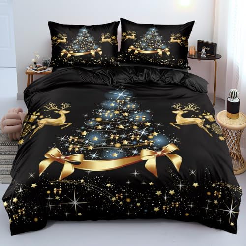 Luofanfei Weihnachts Bettwäsche 135x200 4teilig Schwarz Gold Blau Weihnachtsbaum Rentier Warm Weiche Bettwäsche Set Weihnachten Microfaser Bettbezüge und 2 Kissenbezüge 80x80cm mit Reißverschluss