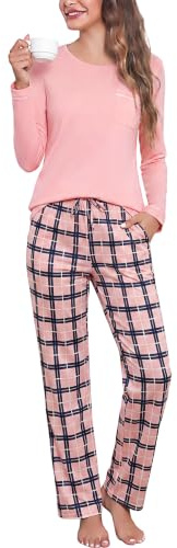 Irdcomps Pyjama Femme Hiver Coton Ensemble de Pyjama Vêtements de Nuit à Manches Longues Pantalon De Pyjama à Pois avec Poches Doux et Confortable