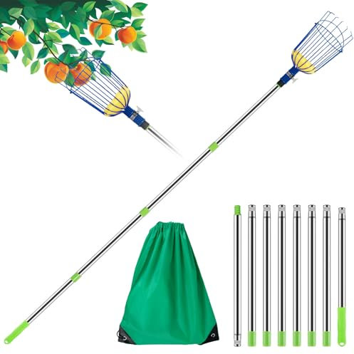 BAODBF fruit picker with Telescopic Handle fruit harvester with Lightweight Stainless Steel Connecting Pole and Fabric Bag nut gatherer fruit grabber for Apples oranges pears (3.2m)