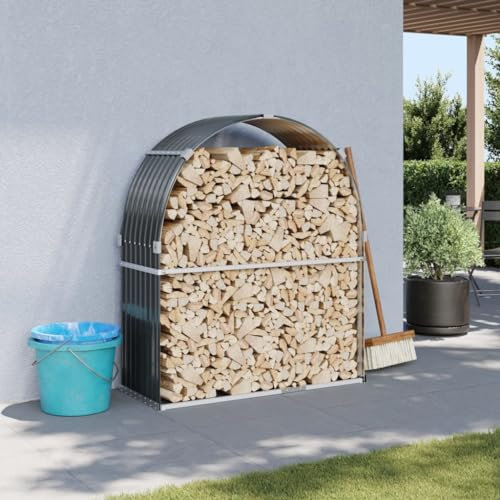 KOIECETA Kaminholzunterstand Kaminholzregal mit viel Stauraum Feuerfest Brennholzregal mit Haken Garten Holzlager Unterstand Anthrazit 120x45x140 cm Verzinkter Stahl