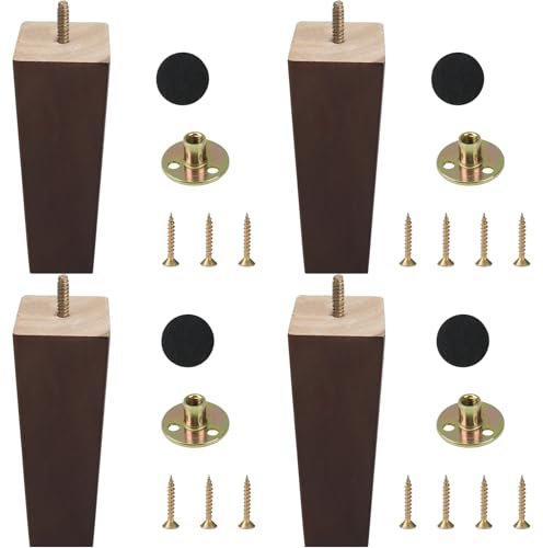 Zythrem Wooden Furniture Legs 10cm/4inch Walnut Sofa Legs Set of 4 Square Wooden Feet Chair Legs Table Leg with Mounting Plates Screws Anti-slip Mat Replacement Woode Legs for Armchair Cabinet Couch