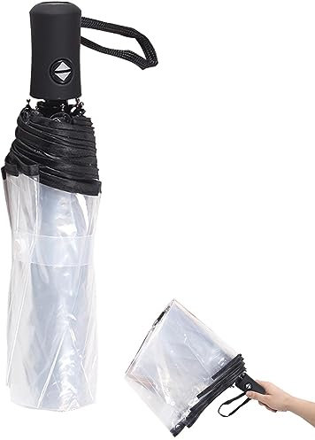 Hahhhha Auto Open Close Transparent Umbrella - 8 Ribs Lightweight Windproof Compact Travel Design for Men and Women