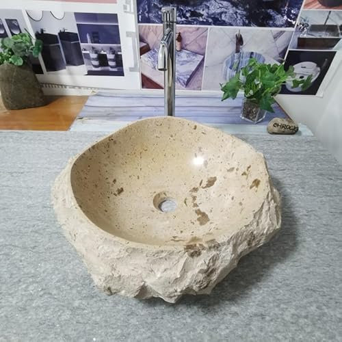 Lavello in pietra calcarea naturale, beige, giallo, 43 x 13,5 cm, esterno ruvido con interno lucido