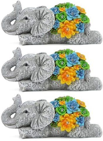 Lot de 3 éléphants de jardin à énergie solaire - Statue éléphant d'extérieur avec plantes succulentes et lumières LED - Figurine décorative pour terrasse, balcon, cour, pelouse - Cadeau unique de