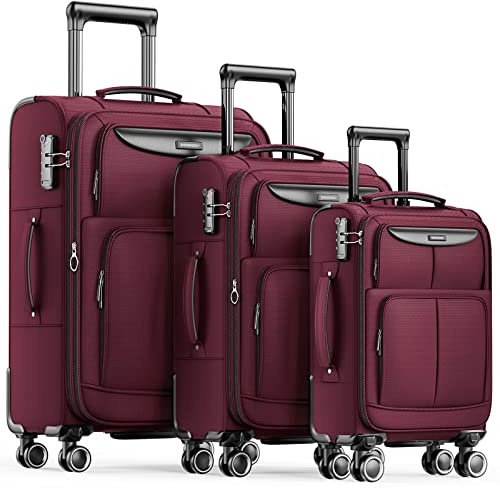SHOWKOO Maleta Juego de 3 Suave Extensible Ligera Durable Trolley Tela Oxford Conjuntos de Equipaje de Cabina con 4 Ruedas Silenciosas de 360° y Cerradura TSA, Set
