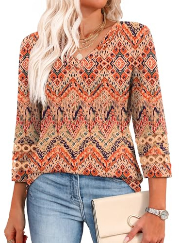 Aokosor Womens Tops 3/4 Length Sleeve Blouses Ladies V Neck T Shirts for Women UK Loose Casual Fit Size 18-20 Boho Floral
