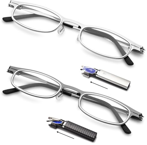 Amorays 2 Paar Schmal Lesebrille mit Ultraleichtem Herren Damen metal Anti-Blaulicht Lesebrillen mit reisen tragbar Rechteck Brillenetui 8010(Dunkelgrau+Hellgrau,+1.50)