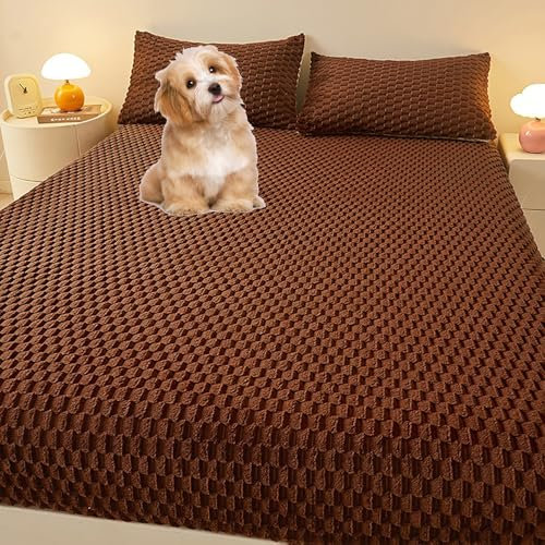 Juego de sábanas bajeras de forro polar ultrasuave de lujo con funda de almohada gruesa y cálida, funda de colchón antideslizante, color café, 150 x 200 cm, ropa de cama acogedora esencial
