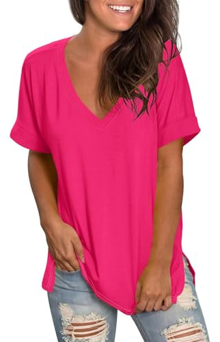 Camicette da donna eleganti a maniche corte, maglietta estiva casual con spacco, con scollo a V, maglietta di base, comoda per uscire, per leggings, maglietta da salotto per vacanze, 02 fucsia, 3XL