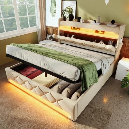 Gxffipw Doppelbett Polsterbett 180x200 cm mit USB Steckdose und LED Licht, Hydraulisches Bett mit Stauraum und Stauraum Kopfteil, Stauraumbett Bettgestell mit Lattenrost, Leinen, Beige, Ohne Matratze