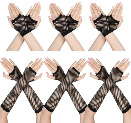 HaiFafafaing 6 Paar Schwarze Netz Handschuhe Damen Netzhandschuhe Fingerlose Lang und Kurz Netzhandschuhe Damen Retro Nylon Netz Mesh Handschuhe 80er Jahre Halloween Cosplay Kostümzubehör