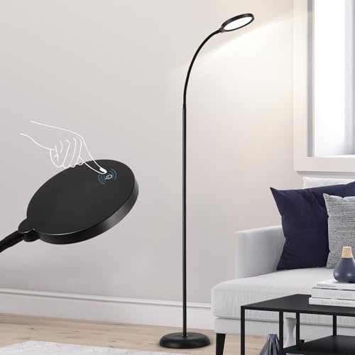 HARPER LIVING Floor Lamp Black, Dimmable LED Lamps for Living Room, 3 Colour Temperatures Standing Lamp with Touch Control, Adjustable Gooseneck Reading Floor Light for Bedroom, Office