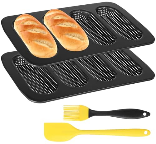 Lot de 4 plateaux à pain Hot Dog à 4 cavités, acier au carbone antiadhésif, épandeur et brosse en silicone inclus, 35 x 21,6 cm, idéal pour la pâtisserie à la maison