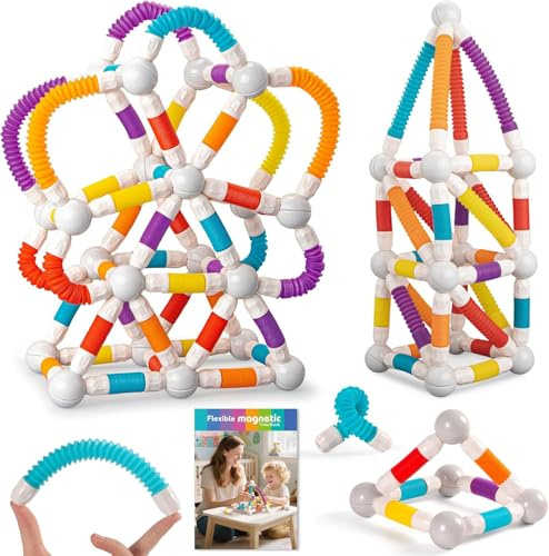 Bloques de construcción magnéticos, Juego de construcción de Juguete con Palo telescópico, Juguete Educativo Stem con Tubos y Conectores Flexibles, para niños de 3 a 8 años, Juguetes se 138-piece Set