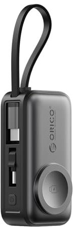 ORICO Mini Power Bank 5000mAh 22.5W, para Apple Watch e iPhone, Negro | Cable USB-C integrado; carga rápida PD; diseño de viaje compacto; compatible con iPhone 17/16/15 y Apple Watch