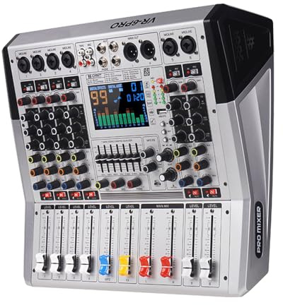 Yamnweo VR-6 PRO ljudmixer, 550 W x 2 högpresterande utgångsförstärkare, 99 DSP-effekter, Bluetooth-ljud DJ-konsol, stor skärmspektrumskärm, smart brusreducerande DJ-mottagare