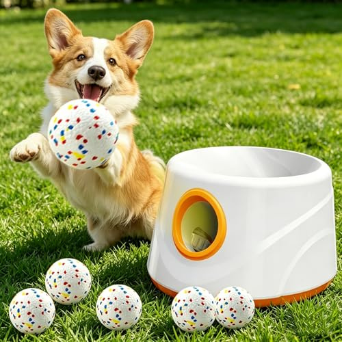 BAKENLON Lanzador automático de pelotas para perros, lanzador automático de pelotas para perros con 6 pelotas de tenis ETPU, 3 distancias de lanzamiento (20/33/48 pies), lanzador automático de pelotas