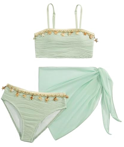 SEAUR Fille Ensemble Bikini avec Jupe 3 Pièces Maillot de Bain Mode Coquille Bikini Set Enfant Été Plage Piscine 8-12 Ans