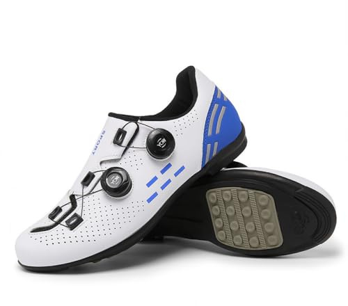 Cykelskor för män kvinnor – lätta inomhus/utomhus cykelskor med gummisula, halkfria och andningsbara mountainbike-sneakers med roterande snören, Vit blå 2, 40 EU