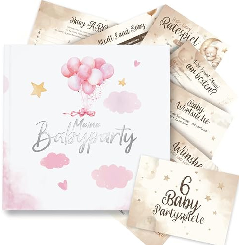 colortouch Gästebuch Babyparty mit Babyshower Spiele 50 Karten, 6 witzige Ratespiel Set für Babyparty zum Ausfüllen, Baby Shower Schwangerschaft Premium Geschenk für Junge & Mädchen, Gender Reveal