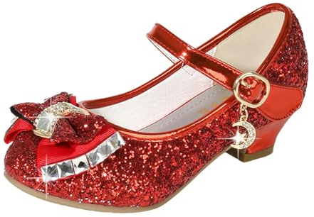 Prinsessskor flickor – klackskor glitter skor flickor balettskor Mary Jane-skor med rosett klädskor justerbart spänne bröllopsskor bekväma kvällsskor festskor, Röd11, 27 EU