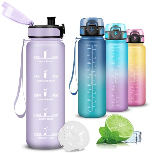 Mujigaga Botella Agua, Botella Agua 1 Litro, a Prueba de Fugas, Botellas Agua Gimnasio, con Filtro, Fácil de Limpiar, Cantimplora para Senderismo, Outdoor, Correr, Triatlón, Acampar