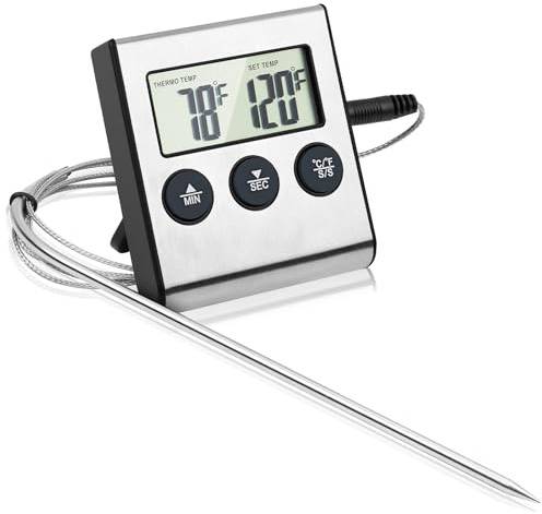 Digital kötttermometer ugn, stektermometer med timer | Termometer matlagning med 13 cm matsond och 100 cm sondkabel LCD, för rökspisar, köksgrillar, grilltermometer