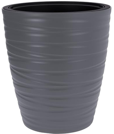 Pot de fleurs rond en plastique - Taille XXL - Gris - Avec insert amovible - 53 x 47 cm - Pot de fleurs moderne avec design ondulé - Pour l'extérieur et l'intérieur - Pot de fleurs