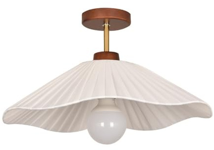 Lámpara de techo semiempotrada moderna con forma de onda y tela plisada, base de madera de nogal, regulable en 3 colores, casquillo E26 G80, ideal para recibidor, pasillo, dormitorio o cualquier otro