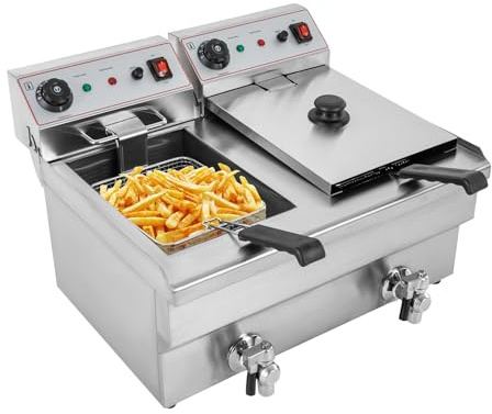 20L Elektrische Fritteuse, Elektro-Doppel-Fritteuse, Kommerzielle Fritteuse mit 2 Bratkörbe und 2 Deckel, Aufsatzfritteuse für Schnellimbissen und Imbissbuden, 6000W