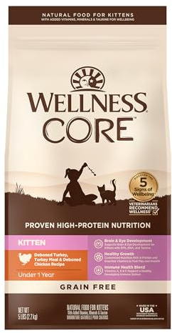 Wellness CORE Kitten Dry Cat Food, Natural, Grain Free Kibble, Turkey Meal and Chicken Recipe, 5 lb Bag