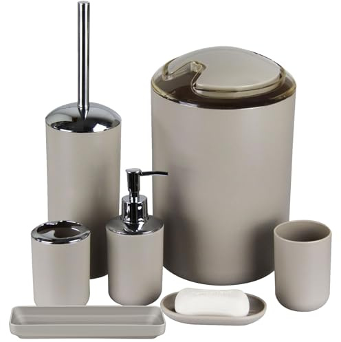 IMAVO Bathroom Accessories Set, 6-Piece Plastic Gift Set, Toothbrush Holder, Toothbrush Cup, soap Dispenser, soap Dish, Toilet Brush Holder, Trash can(Apricot)