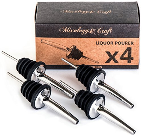 Mixology & Craft Professional Liquor Pourers Set of 4, Free-Flow Stainless Steel Speed Bottle Pourer w/Tapered Spout, Fit Various Sizes of Liquor, Wine, Spirits, Vinegar and Olive Oil Bottles, upto 1L