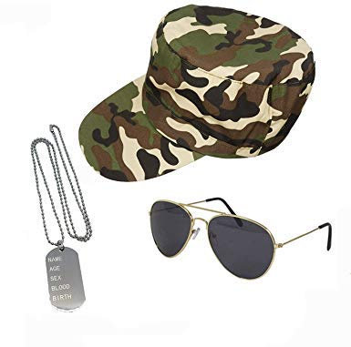 seemeinthat Armee Militär Marine Set Camouflage Cap Dog Tags Flieger Sonnenbrille Kostüm
