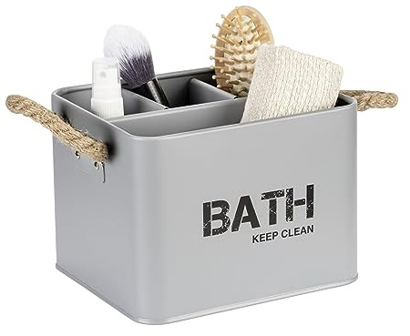 WENKO Caja para el baño Gara con 4 divisiones gris - Caja de almacenaje, cesta para el baño Capacidad: 2.37 l, Acero, 19 x 12.5 x 13 cm, Gris
