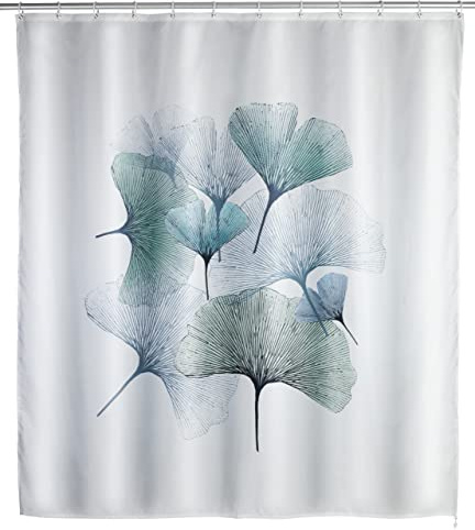 WENKO Anti-Schimmel Duschvorhang Ginkgo, Textil-Vorhang mit Antischimmel Effekt fürs Badezimmer, waschbar, wasserabweisend, mit Ringen zur Befestigung an der Duschstange, 180 x 200 cm
