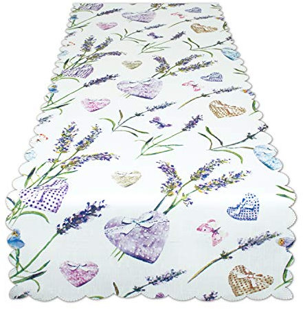 Tischläufer Lavendel und Herzen, weiß, 40x140 cm, Tischdecke für Frühling und Sommer