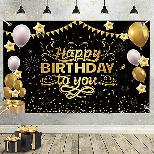 Fondo de Fiesta de cumpleaños,Feliz Cumpleaños Banner,Tela Cartel Banner,Lona Fondo Fotografía de Cumpleaños,para decoración de Fiesta (Negro)