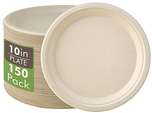 Vplus 150 Pack Compostable Disposable Paper Plates 10 inch Super Strong 100% Bagasse Natural Biodegradable Eco-Friendly Sugarcane Plates(nature)