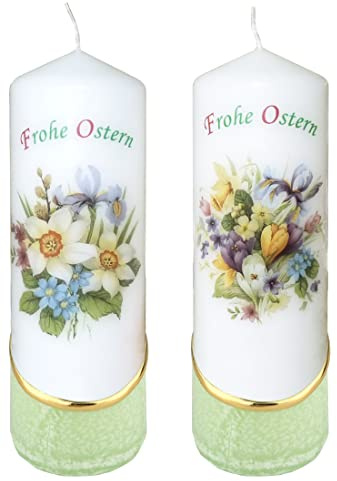 Meissner-Handel Auswahl * 2 Stück Osterkerze Stumpenkerze Osterdeko * 6 x 18 cm * mit farbigen Wachs- und Bildauflagen * Auswahl Motiv + Farbe * grün * (Serie 4 - Set 17/19)