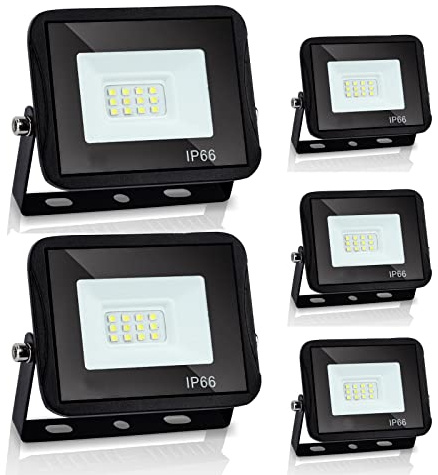 Herrselsam Proiettore Led Esterno 10W Set di 5 faretti Led Esterno 2400LM Bianco Caldo Proiettore Esterno Led 6000K IP66 Illuminazione Esterna Lampada Esterna per Giardino, Patio, Garage